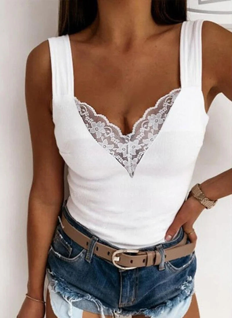 Women’s Summer V-Neck Tank Top | Casual Solid Color Lace Sleeveless Slim Shirt | Sexy Slim Fit Top