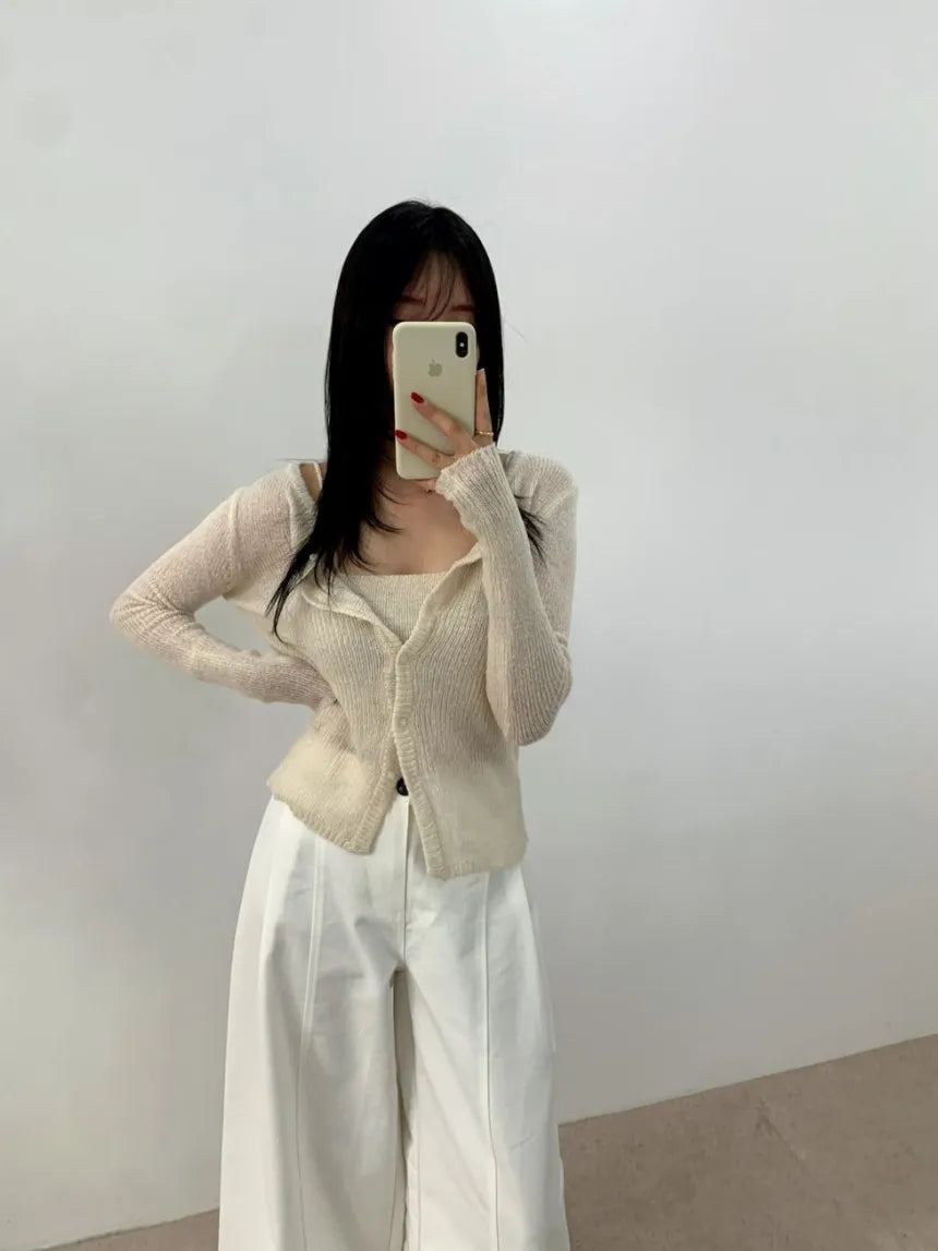 Simple round Ne Button up Knit Sweater Strap Set Casual Sle Polyester Fiber Open Cardigan for Women Autumn Winter ential