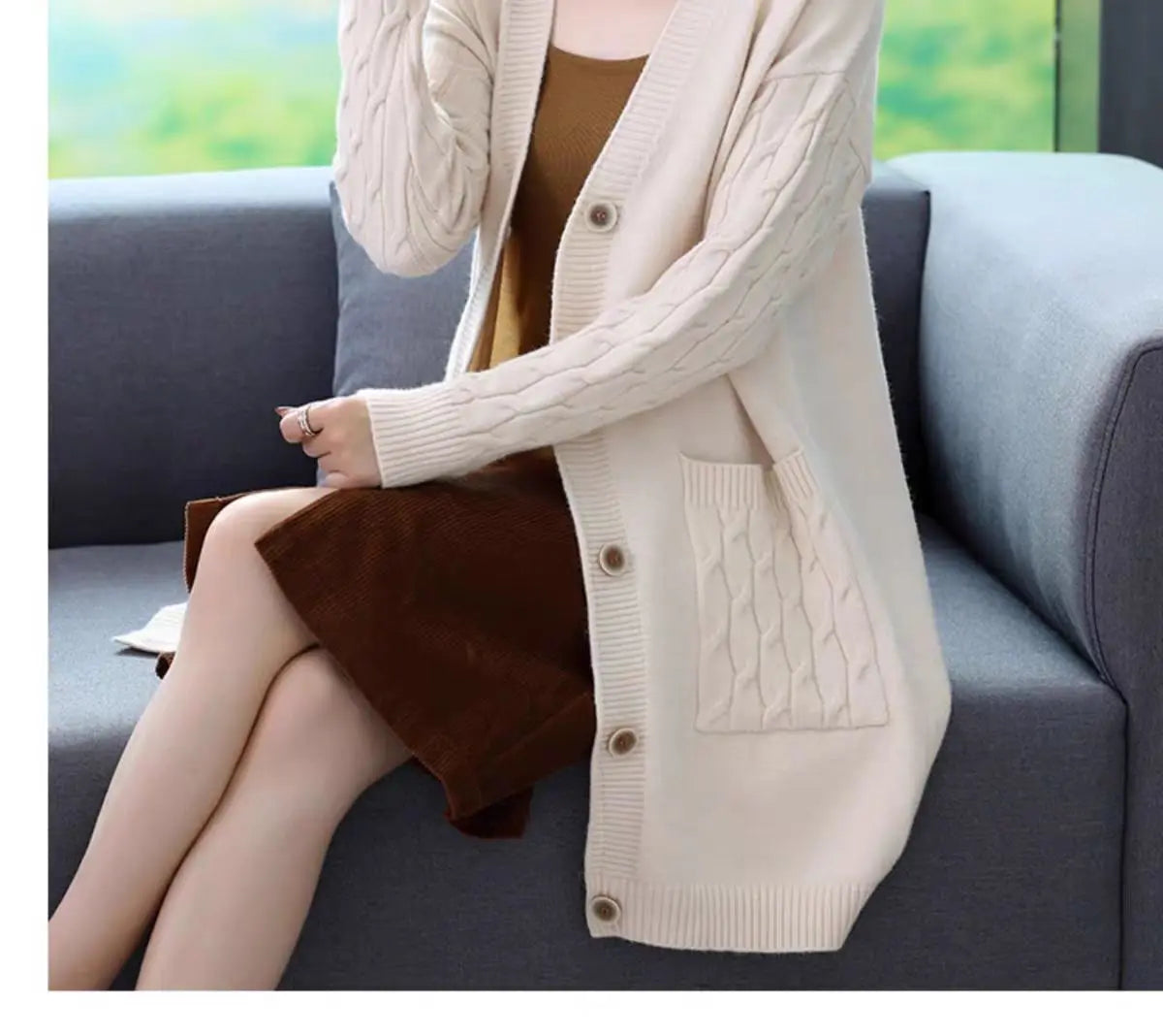 Sueter Mujer Invierno 2025 | Vintage Knitted V-Neck Cardigan | Women’s Casual Solid Sweater with Pockets