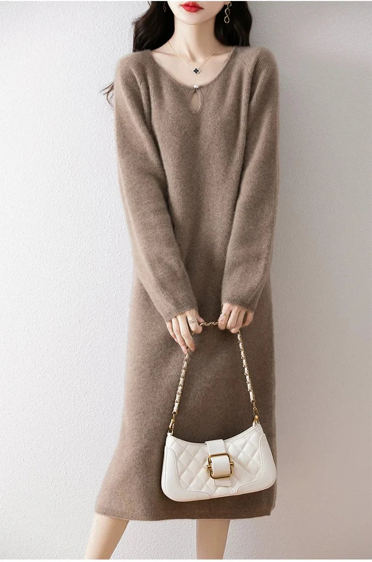 Loose Knitted Sweater Dress for Women – Round Neck Long Sleeve Casual Autumn New Arrival Elegant Fashion Dress
