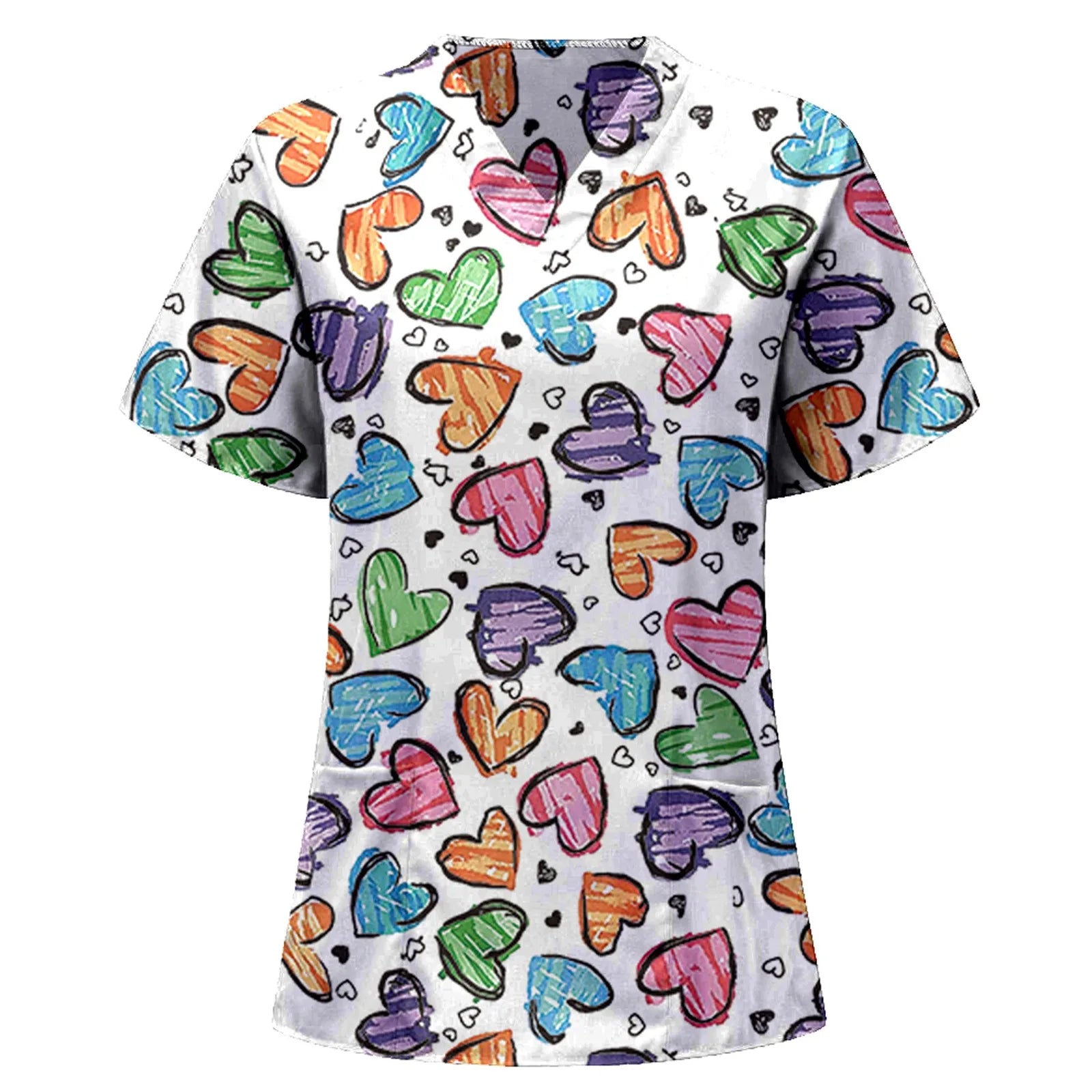 Women’s Heart Print Medical Top ❤️ V-Neck Short Sleeve Nursing Uniform ✨
