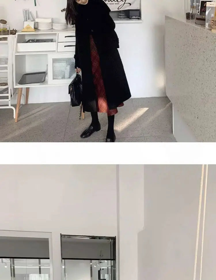 🍂 Retro Plaid Skirt 👗 Women's Autumn Winter New A-Line Umbrella Wrap Mid-Length Small Size Skirt 🌟