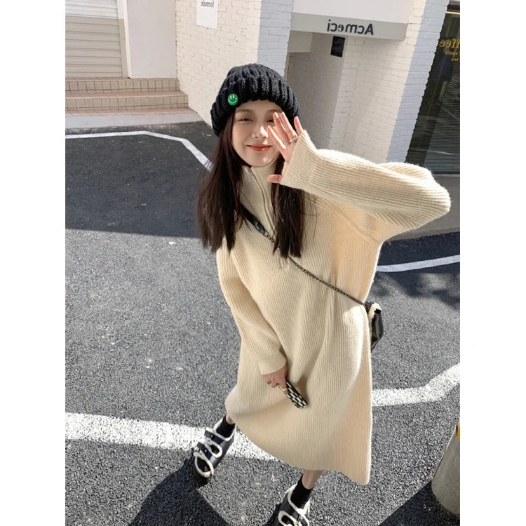Autumn Winter Knitted Zipper Collar Dress for Women – Long Sleeve Loose Fit Pure Color H-Shape Casual Warm Dress