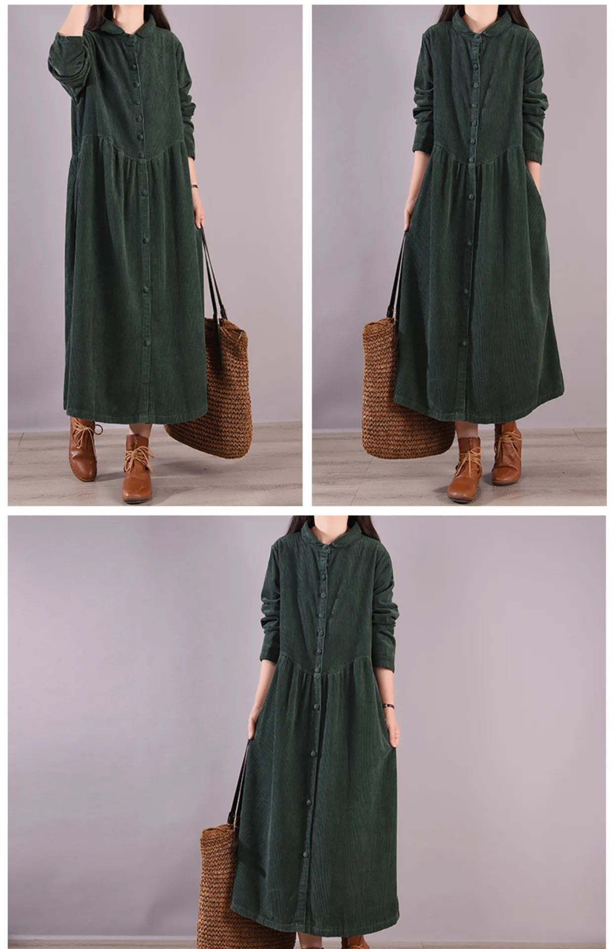 Retro Pure Color Corduroy Dr Loose Casual Long irt Dr Women's A-Line Skirt Long Sve  Collar Single Button Closure