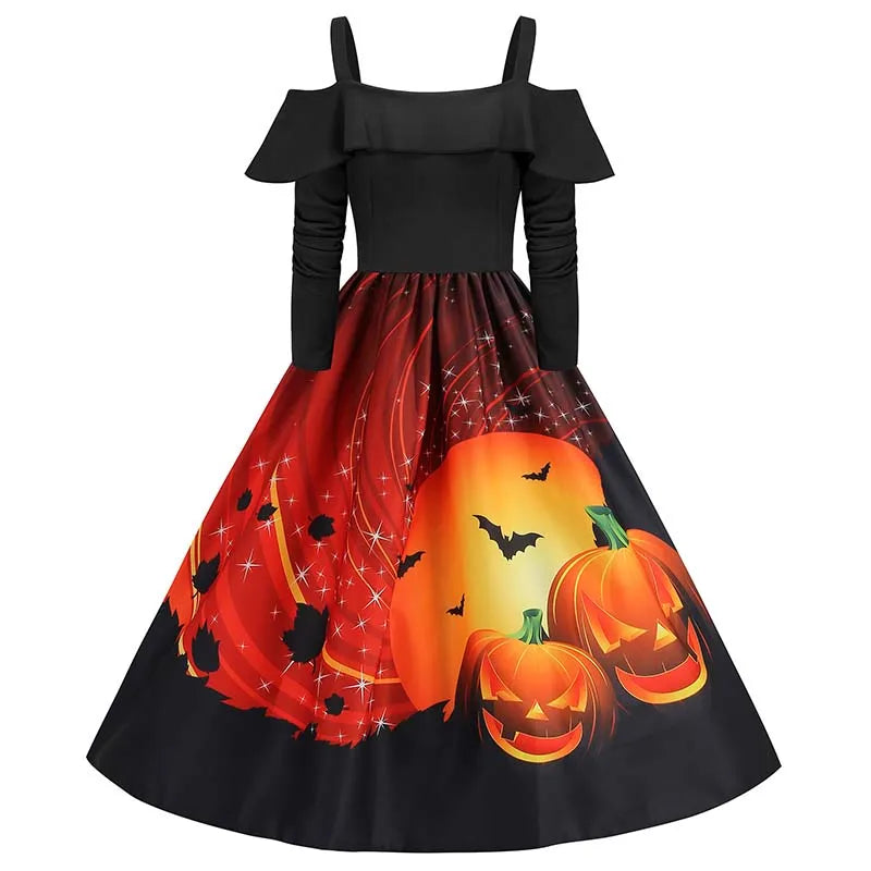Elegant Spaghetti Strap Halloween Party Dress – Vintage Long Sleeve Ruffle Evening Prom Costume for Women | Autumn Winter