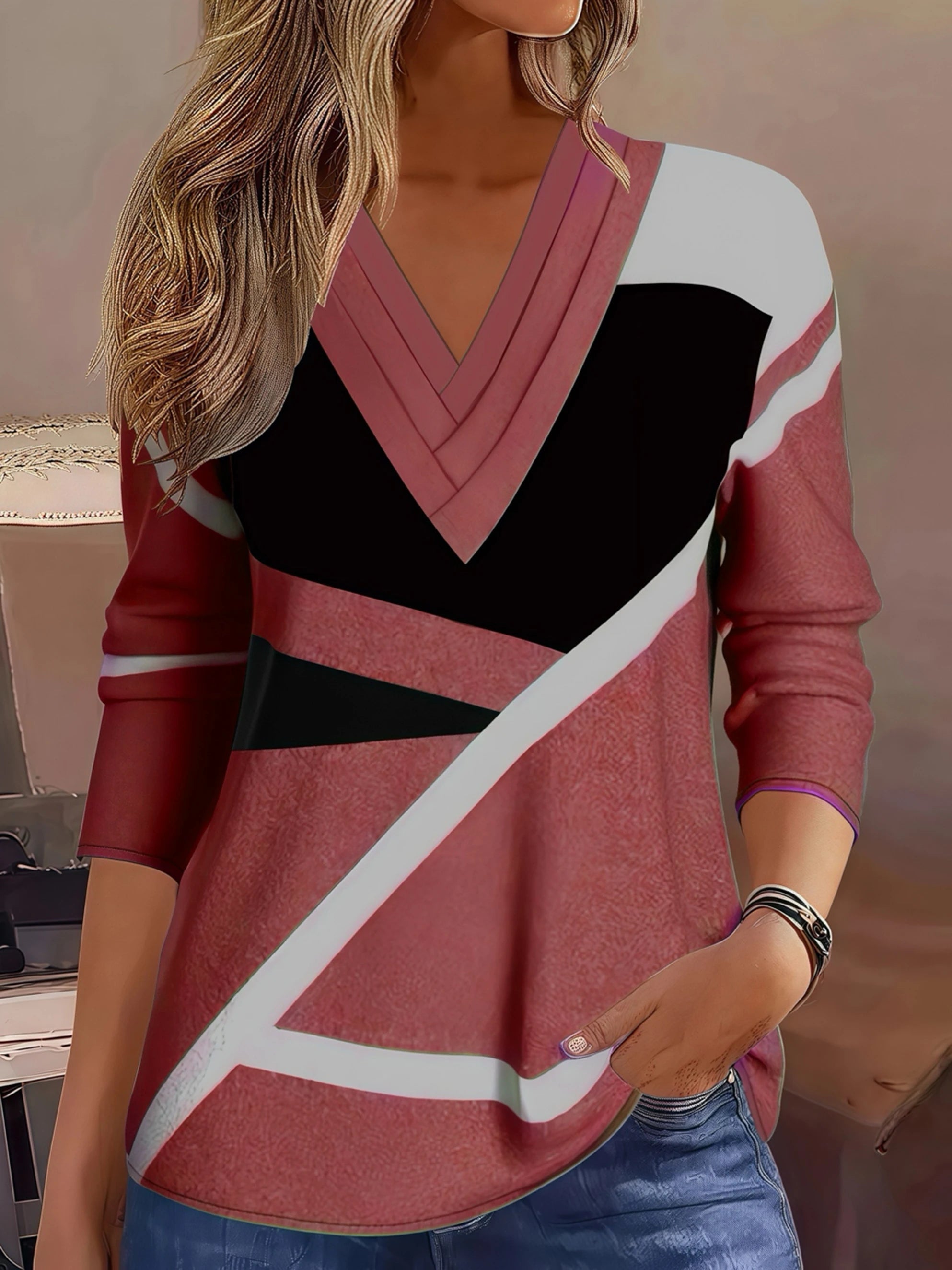 Elegant V-Neck Long Sleeve T-Shirt Women – Geometric Print Plus Size Fall Fashion Top 🍁✨