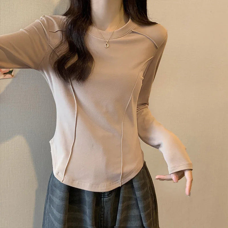 Women's Long Sleeve Velvet Base Shirt 👚 Slim Fit Round Neck T-Shirt ✨ Pure Color Winter Fashionable Top ❄️