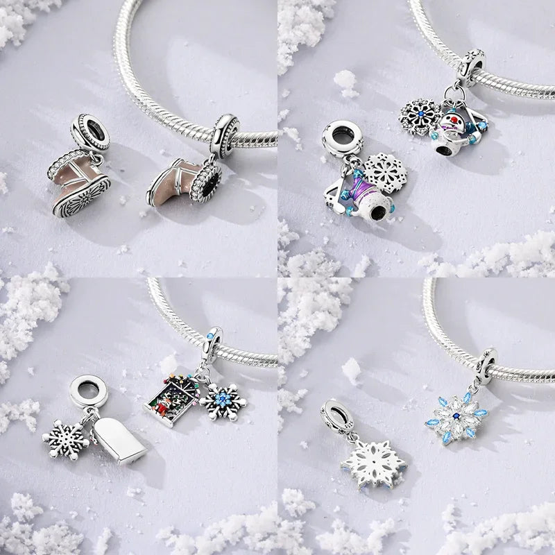 925 Sterling Silver Winter Snowman & Snowflake Charm Beads – Fits Original Bracelet DIY Fine Jewelry Gift for Women