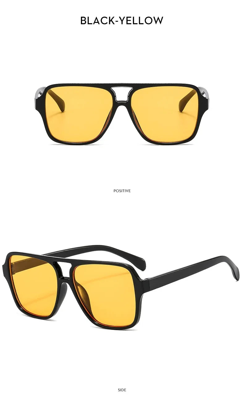 Vintage Double Bridge Yellow Sunglasses for Women – Oversized Square Luxury Shades | Female Pilot Style Eyewear