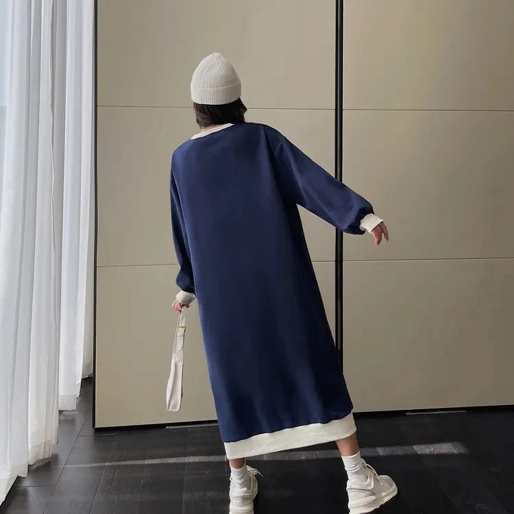 Plus Size Korean Style Loose Casual Sweatshirt Dress – A-Line Skirt, Long Sleeve Mid-Length | Weight Loss Friendly