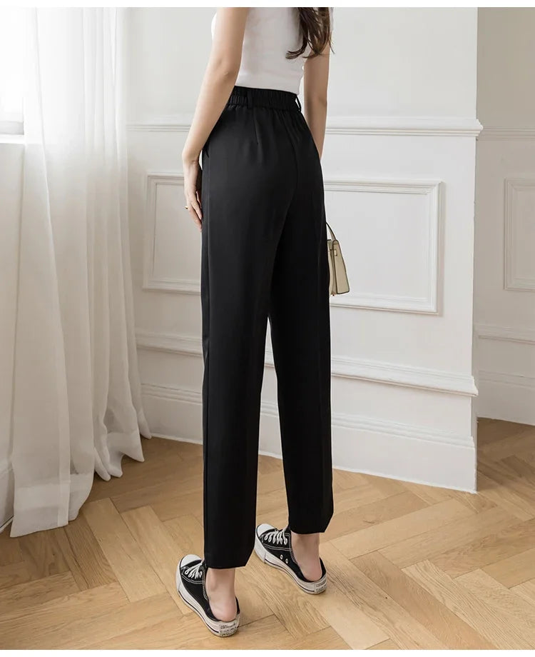 Women’s High Waist Suit Pants | Summer Black Harem Business Pants | Korean Style Pocket Thin Nine-Point Trousers