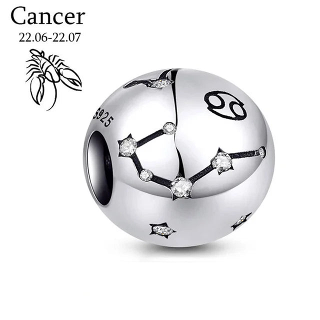 New 925 Sterling Silver Zodiac Constellation Beads | Round Pendant Charms for Women’s Bracelets & DIY Jewelry