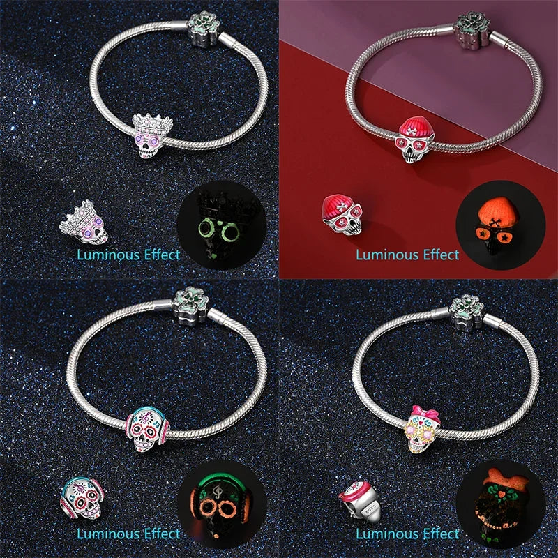 925 Sterling Silver Halloween Skull & Ghost Charms – Colored Beads Fit Original Pandora Bracelet DIY Jewelry Gift for Women