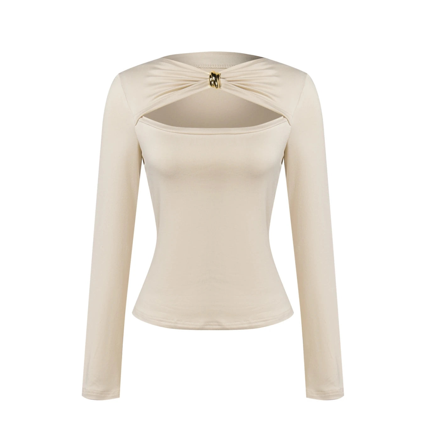 Autumn Winter Women’s Slim Long Sleeve T-Shirt – Bow Neck with Metal Buttons & Hollow Design