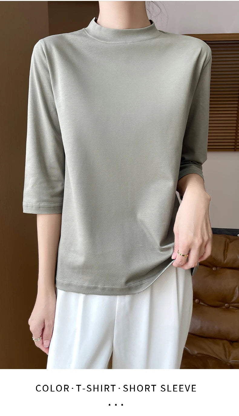 Women’s Cotton T-Shirt | Semi-High-Neck Cropped Sleeve Top | Loose Solid Color Summer & Autumn Bottoming Tee