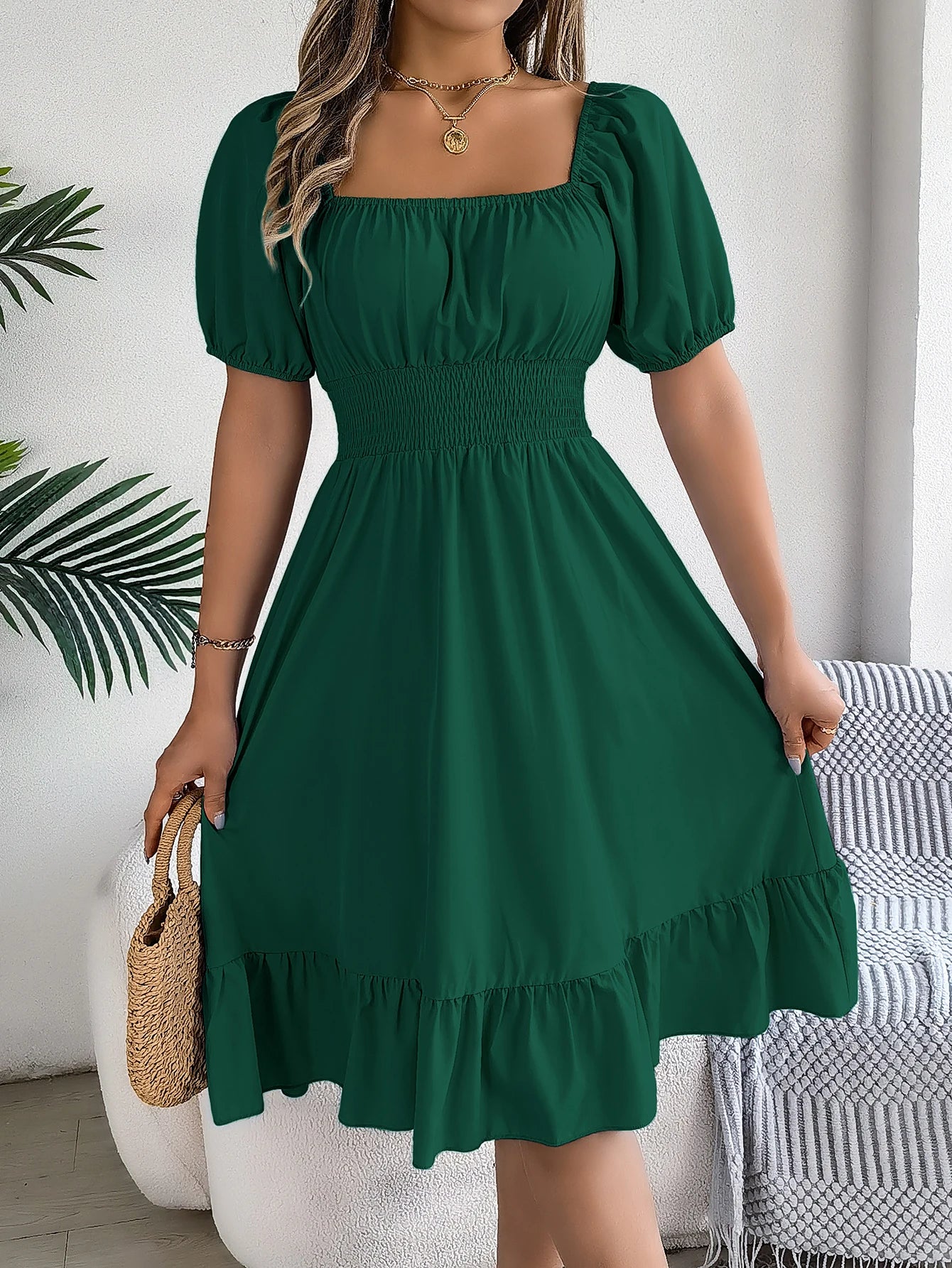 2026 Women’s Elegant High-Waisted Dress – Square Neck, Short Sleeve, Ruffled Edge Long Dress | Spring Summer Valentine’s Day