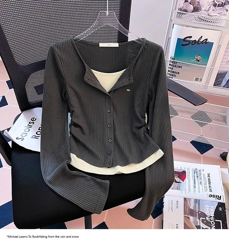 Unique Design Long Sleeve Slim Fit T-Shirt – Women's Plus Size Early Autumn Base Shirt, Korean Style Knitted Top