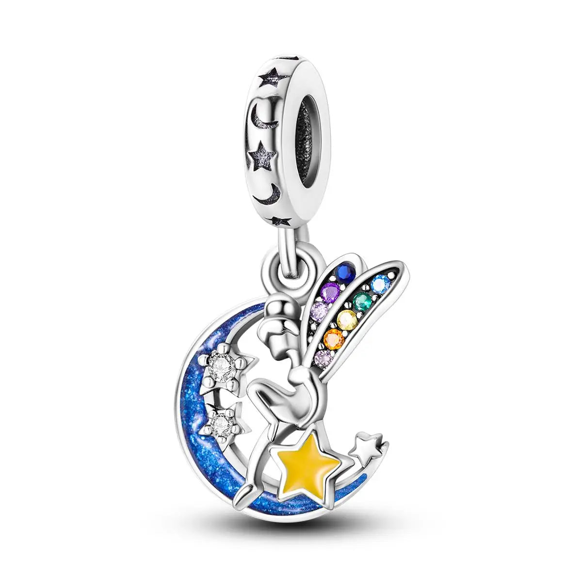 Silver Plated Colorful Glowing Moon & Stars Rainbow Dangle Charms | Fit Original Bracelet & Necklace | Women’s Jewelry Beads