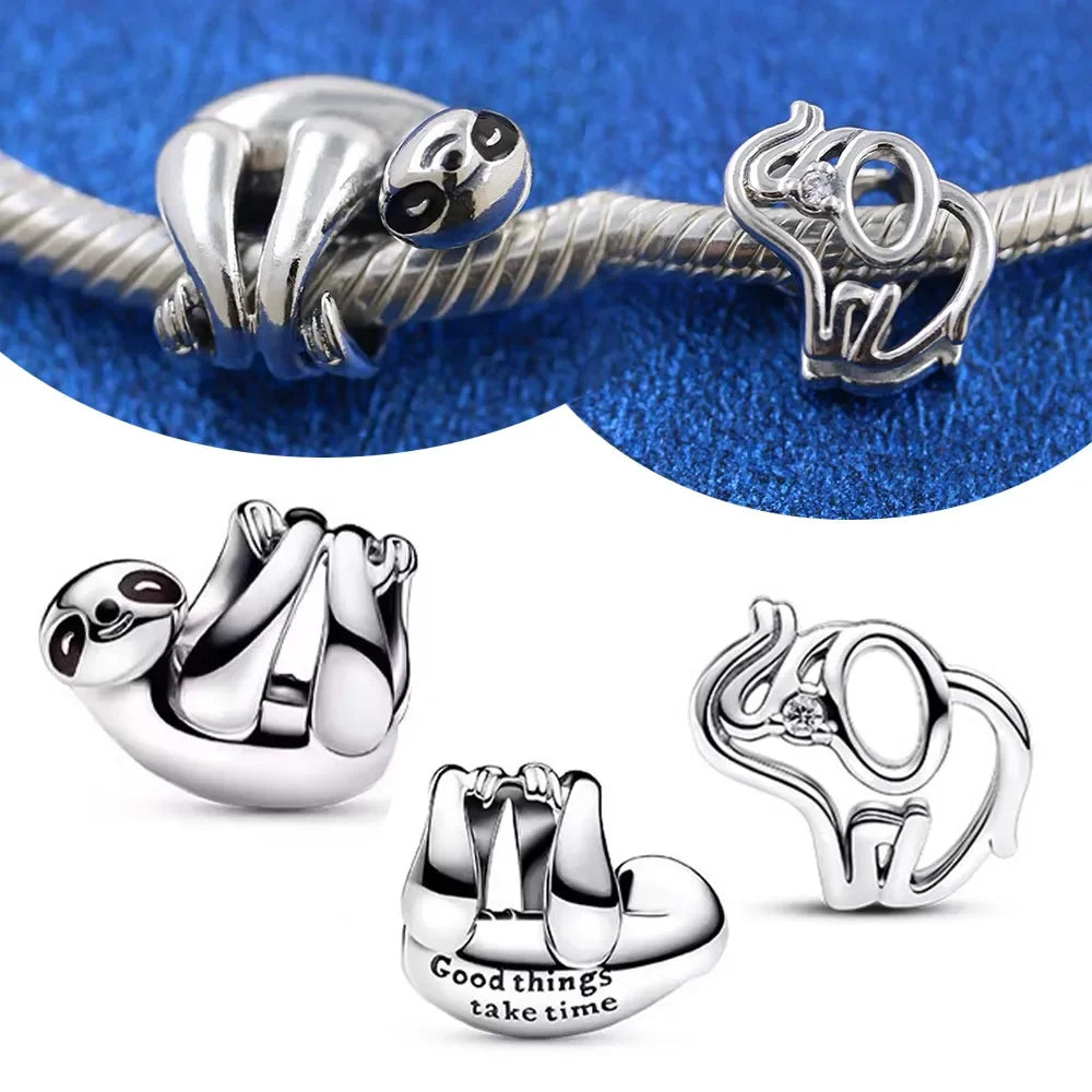 Silver 925 Openwork Elephant & Hanging Sloth Charms | Fit Original Bracelet | Women’s DIY Fine Jewelry Beads