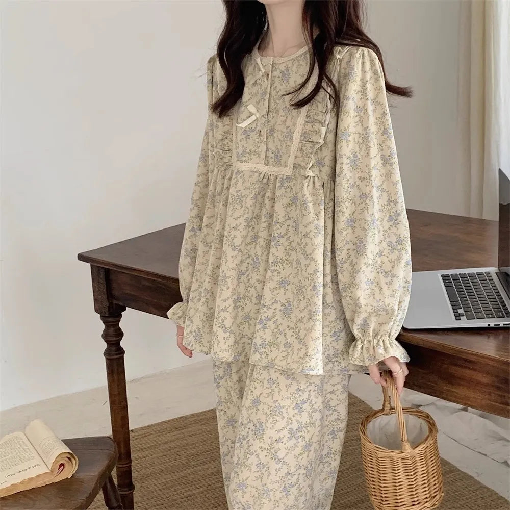 Women’s Plus Size Pajamas – Garden Style Student Homewear Two-Piece Set | Korean Version Bow Detail, Long Sleeve, Can Be Worn Outside