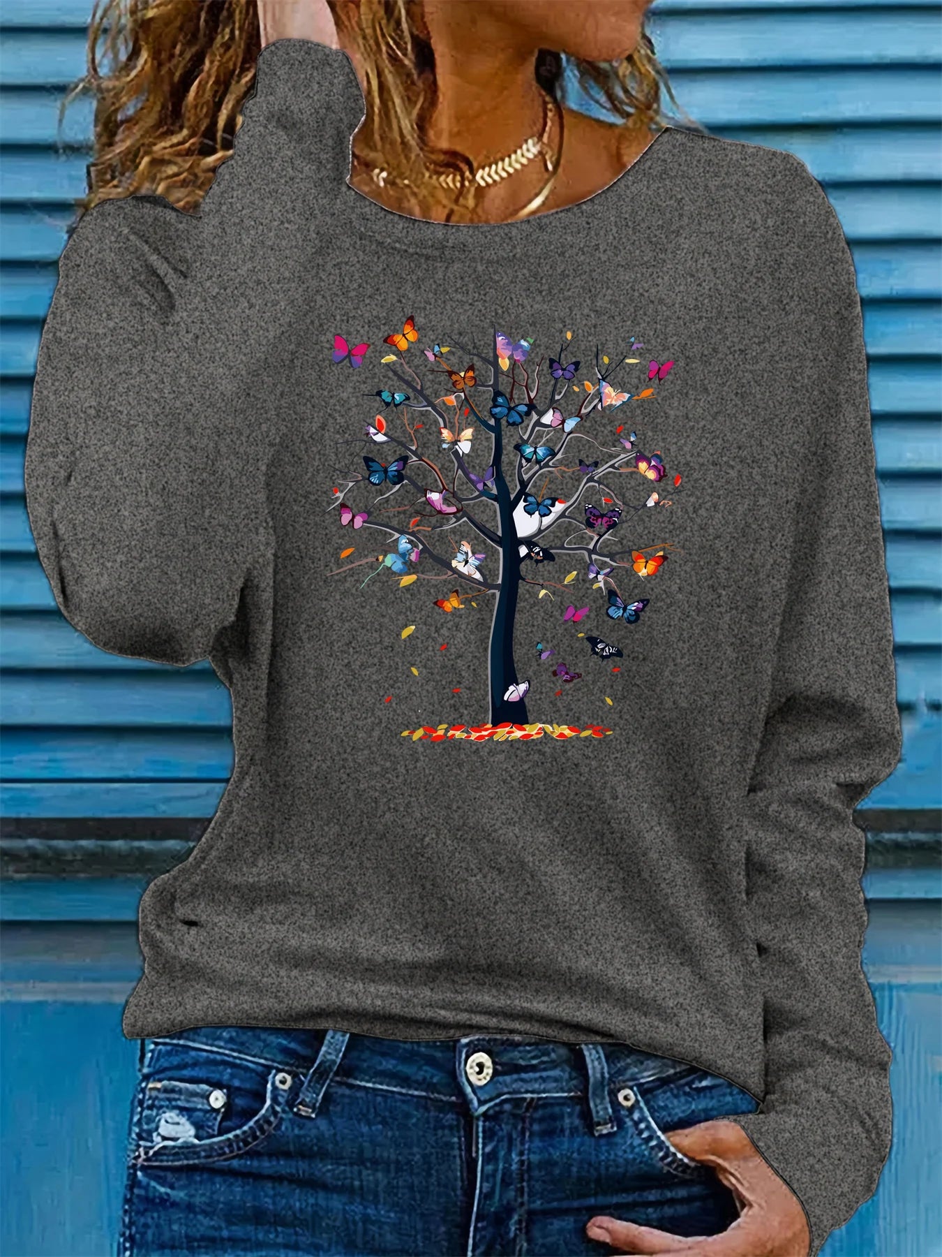 Women’s 100% Cotton Long Sleeve T-Shirt | Spring Autumn Loose Fit Round Neck | Butterfly & Tree Graphic Top
