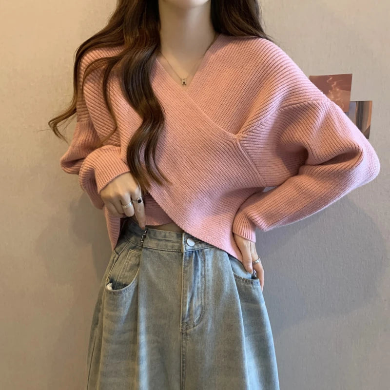 2025 New Korean Style Casual Slim Fit Knitted Top – Cross Neck Lazy Sleeve Design Sensation