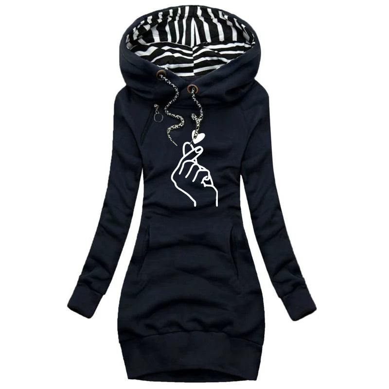 Trending Printed Autumn Winter Women’s Slim Fit Hoodie Dress – Long Sleeve Sweater Hoodie Dress for Casual Fashion