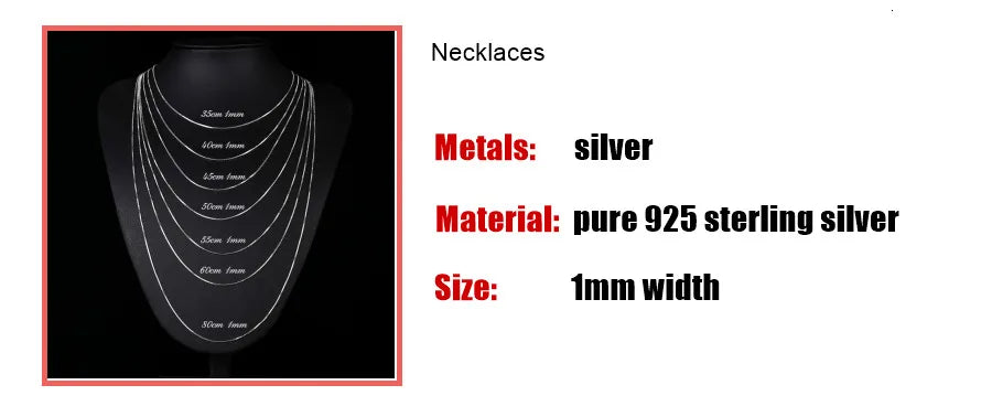925 Sterling Silver Box Chain Necklace – Thin 1mm Solid Silver Chain for Women, Men & Kids (35–80cm)