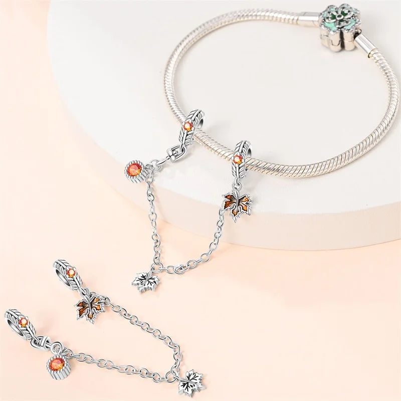 925 Sterling Silver Squirrel & Maple Leaf Charm | Shiny Zircon Autumn Beads Fit Pandora Bracelet DIY Jewelry
