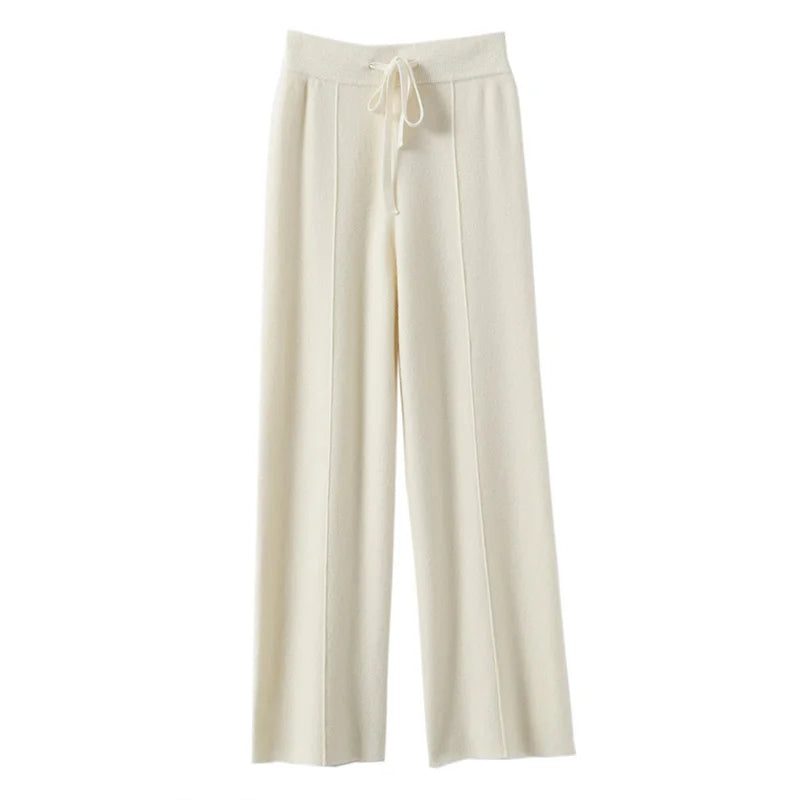 High Waist Knitted Wool Wide Leg Pants – Extended Length Drawstring Casual Loose Slimming Trousers for Autumn & Winter