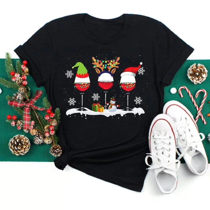 Women’s Christmas Wine Glass T-Shirt | Funny Holiday Black Tee Xmas Gift Top 2025