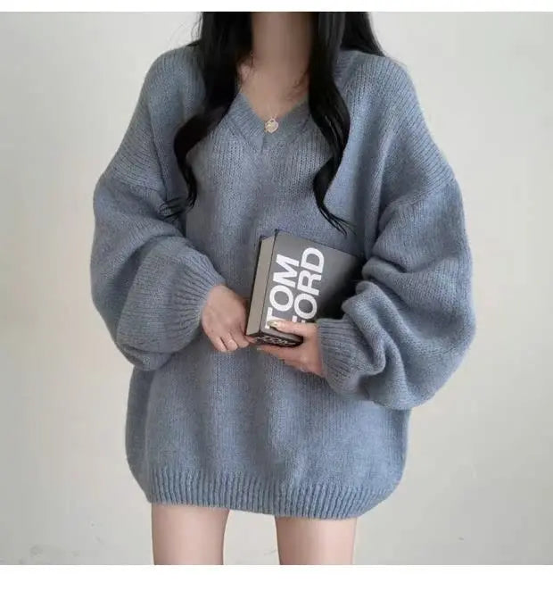 Soft Cozy Knitwear Women’s Loose Sleeve Sweater – Autumn Winter New Fashion V-Neck Long Sleeve Korean Commute Outerwear