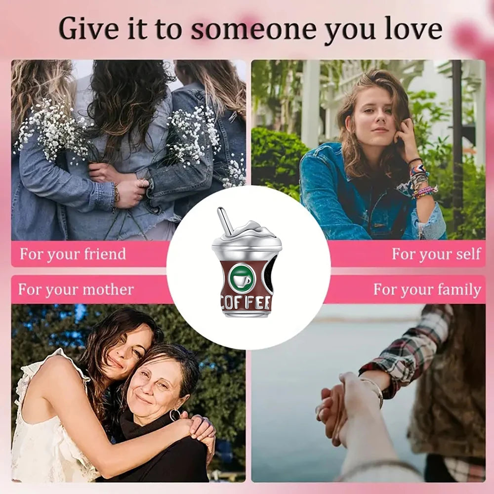 925 Sterling Silver Coffee Cup Charm Bead Fit Pandora Bracelet & Necklace DIY Jewelry