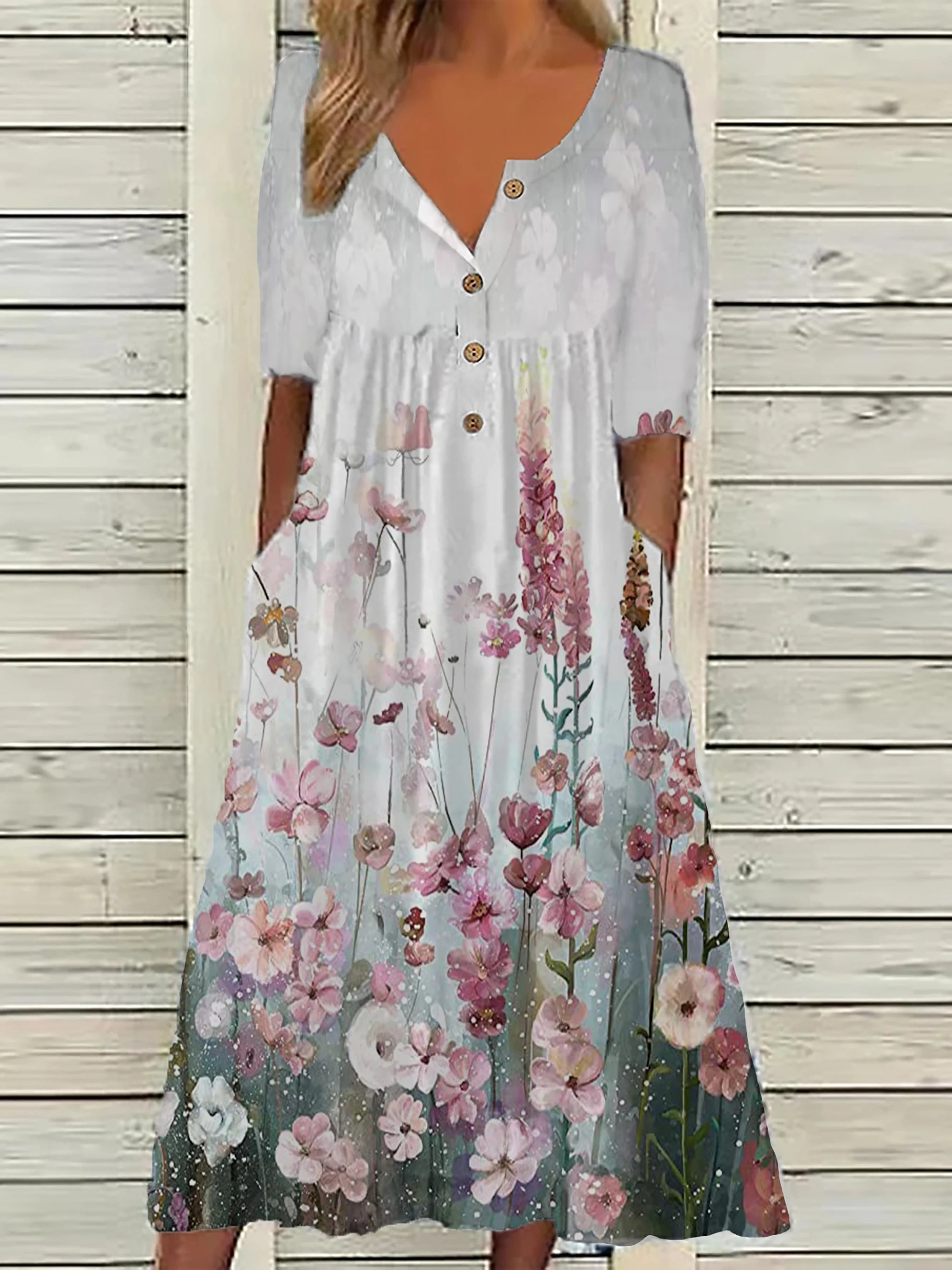 2024 Spring Plus Size Women’s Printed V-Neck Button Top – Short Sleeve Fashion Blouse with Pockets | European & American Style