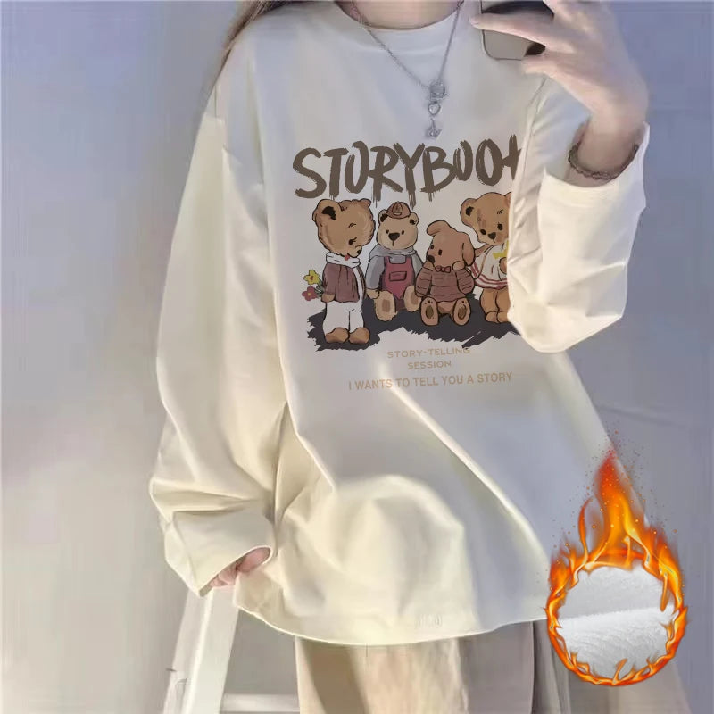White Fleece-Lined Loose Long Sleeve Women’s T-Shirt – Slimming Base Layer Korean Style Commute Top