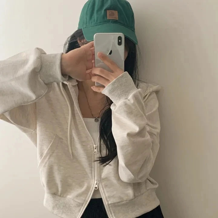 Chic Early Autumn Casual Long Sleeve Hoodie – Double Zipper Loose Versatile Cotton Pullover | Pure Color Commute Wear