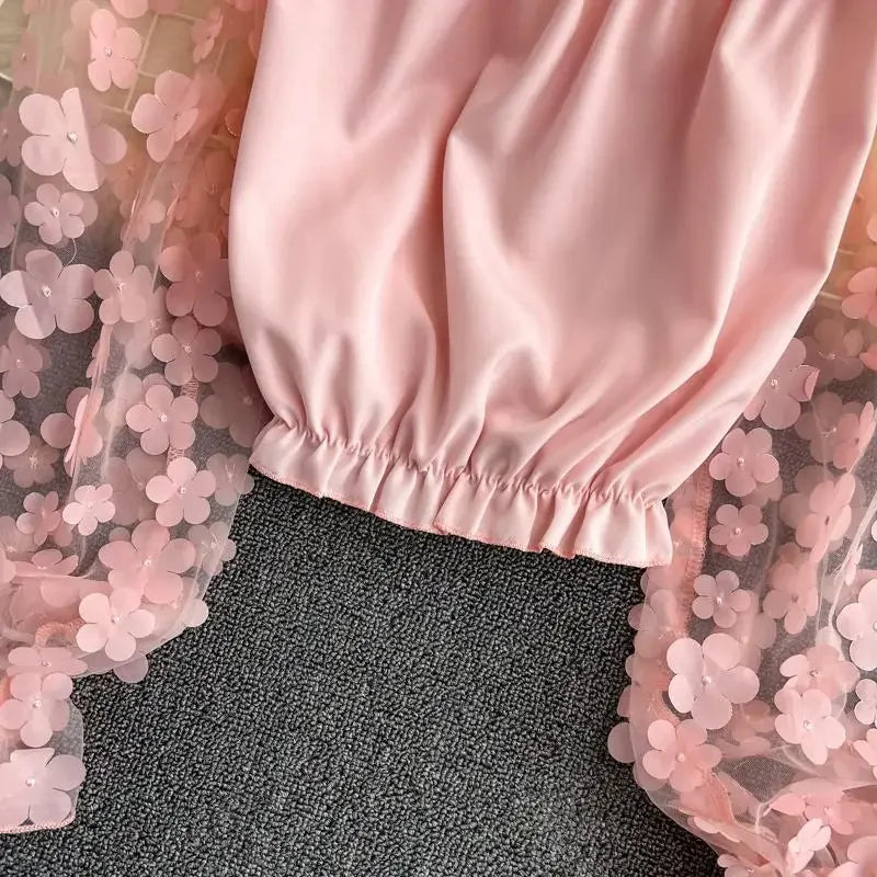 Women’s 2025 Flower 3D Slash Neck Long Sleeve Blouse – Korean Summer Fashion Top 🌸✨