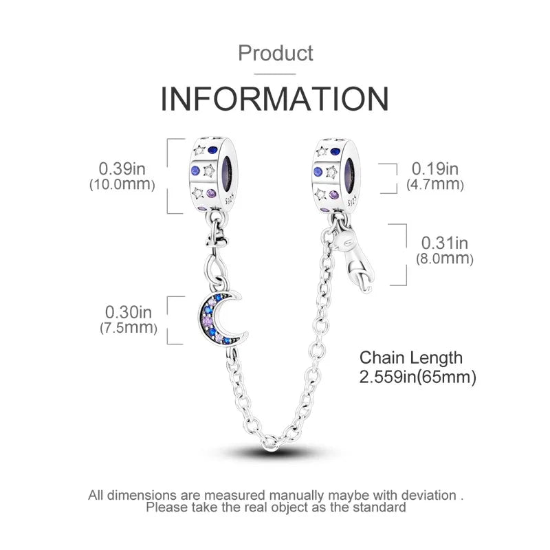 925 Sterling Silver Star Moon Safety Chain Charm | Pandora Fit Jewelry