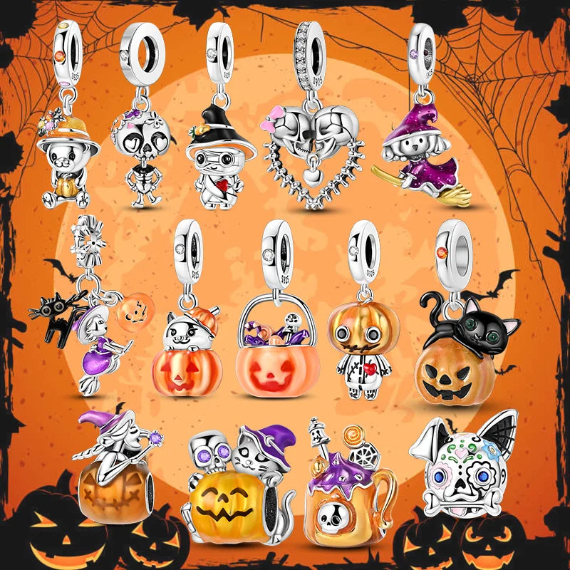 Halloween 925 Sterling Silver Charms | Pumpkin Skeleton Witch Bat Beads for Bracelet DIY Jewelry