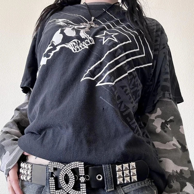 Y2K Grunge Emo Vintage T-Shirt | Gothic Patchwork Long Sleeve E-Girl Cyber Goth Streetwear Top
