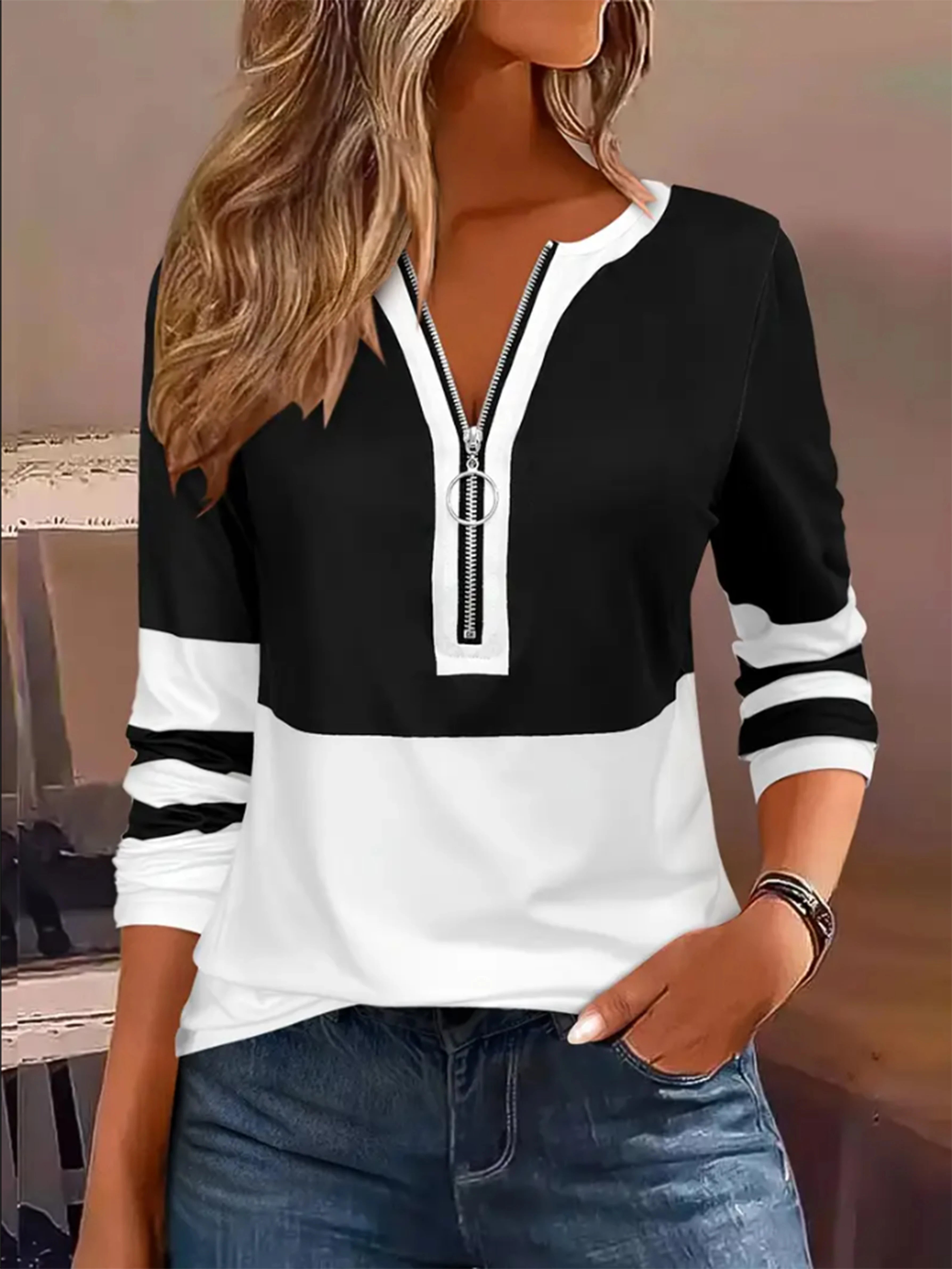 Plus Size Long Sleeve T-Shirt – Geometric Stripes & Color Block Ring Zipper Fall Fashion 🍂👚