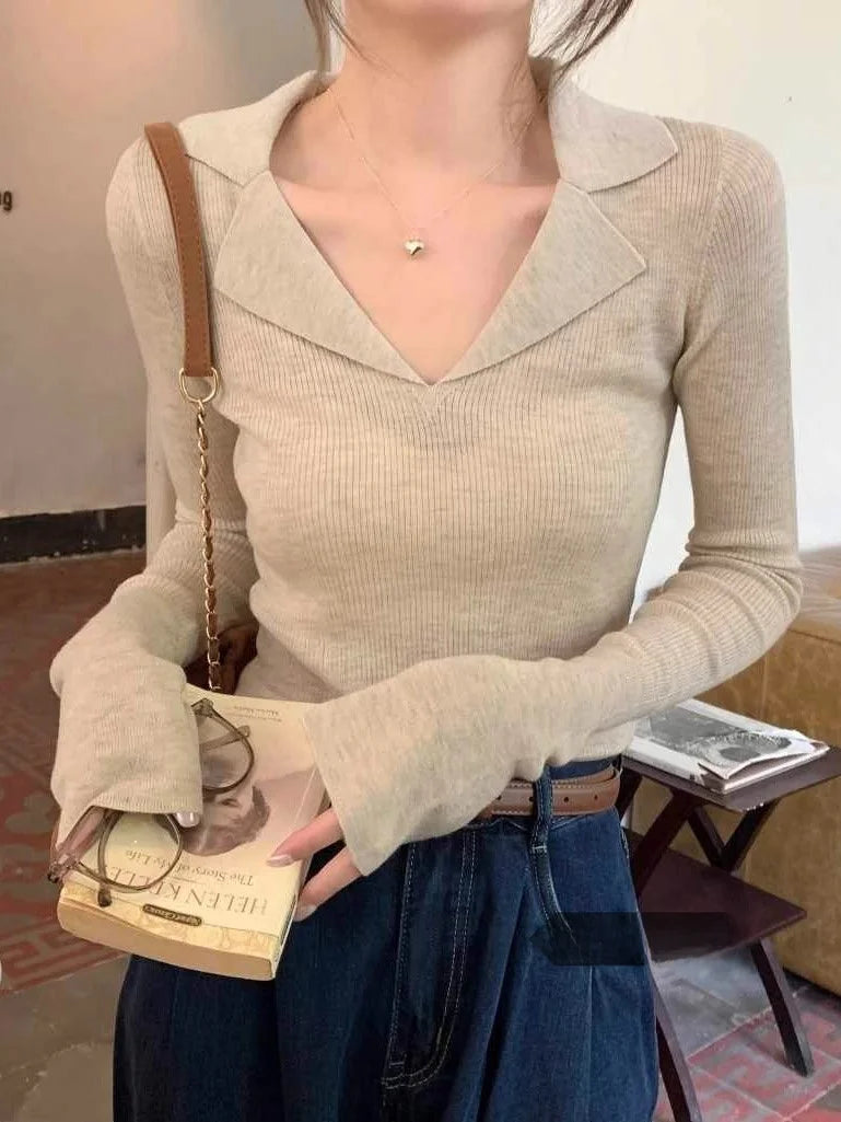 French Style Knitted Long Sleeve V-Neck Collar Sweater – Women’s Winter Base Layer Top | Stretchy Fit for Young Women