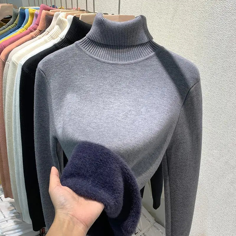 2025 Women’s High Collar Pullover Sweater – Thick Warm Soft Winter Top | Solid Color Bottoming Shirt