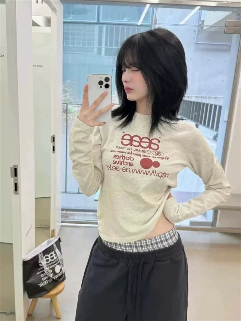 Women’s Slim Fit Round Neck Long Sleeve T-Shirt | Handmade Color Block Letter Print Base Layer Top