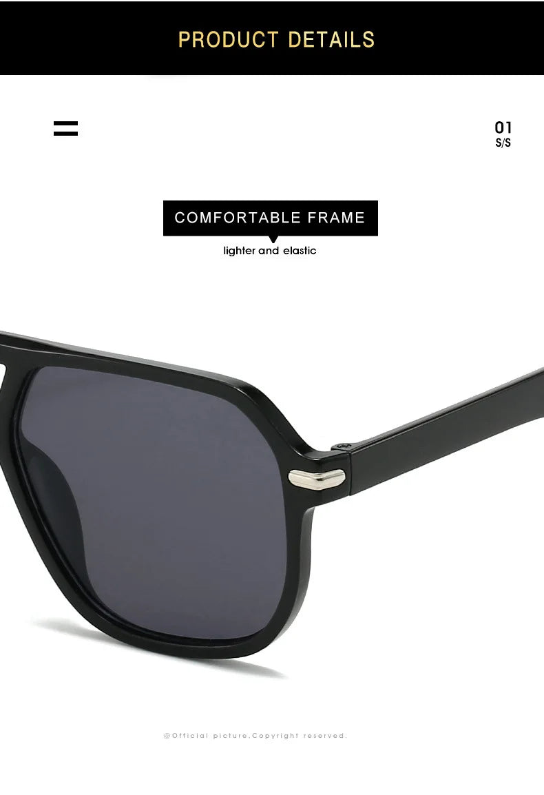 Retro Big Frame Square Sunglasses – Women & Men Double Beam One-Piece Designer Pilot Sun Glasses | Black Circular Cool Shades