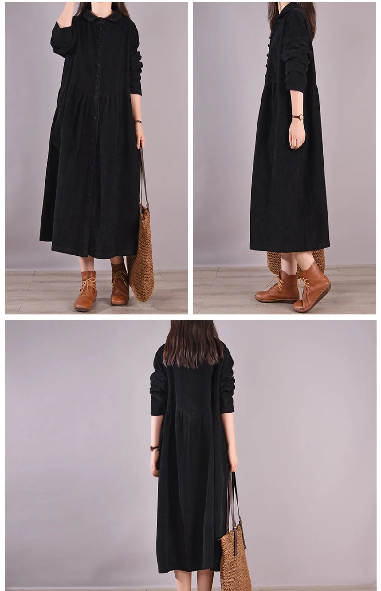 Retro Pure Color Corduroy Dr Loose Casual Long irt Dr Women's A-Line Skirt Long Sve  Collar Single Button Closure