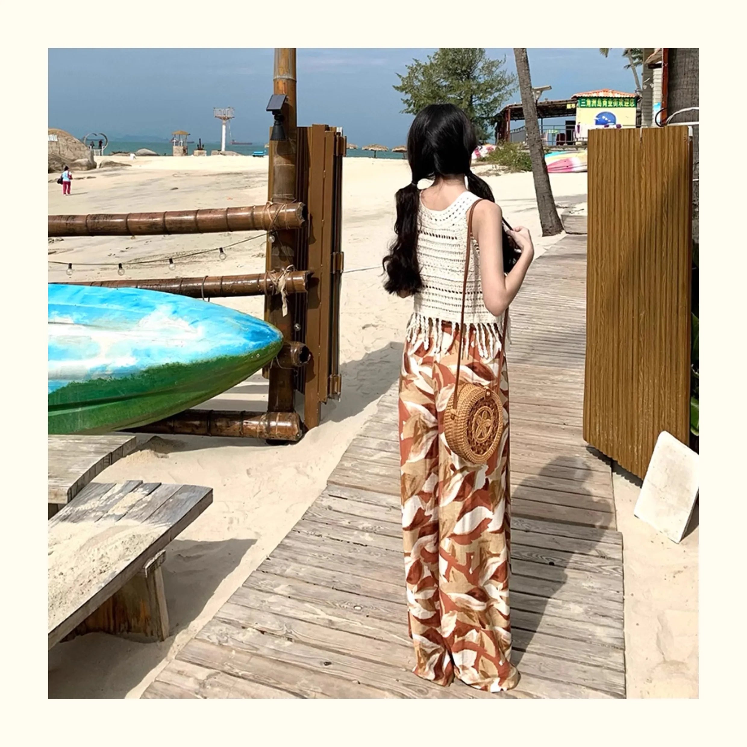 Vacation Style High Waist Wide Leg Pants – Thin Long Ethnic Print Pants for Beach & Holiday Wear