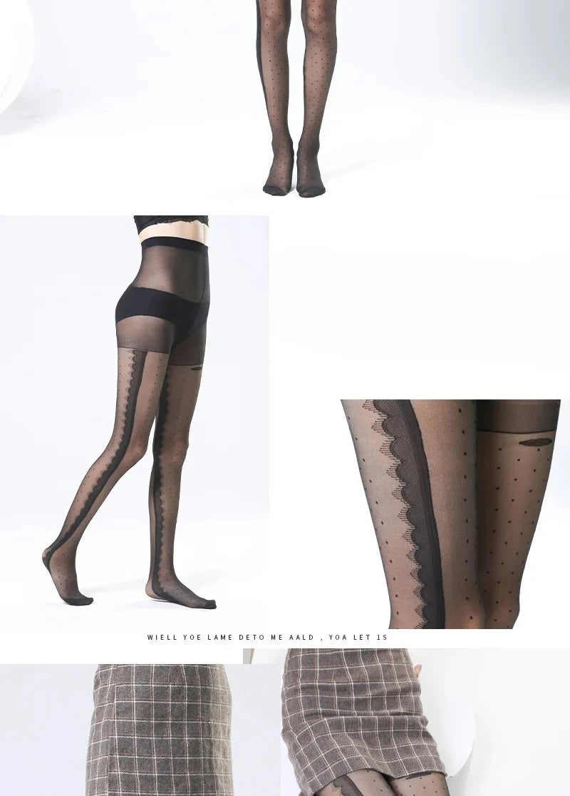 Women's Striped Lace Tights – Sheer Jacquard Dot Pantyhose with Side Seam Detail, 20 Denier for Transitional Seasons