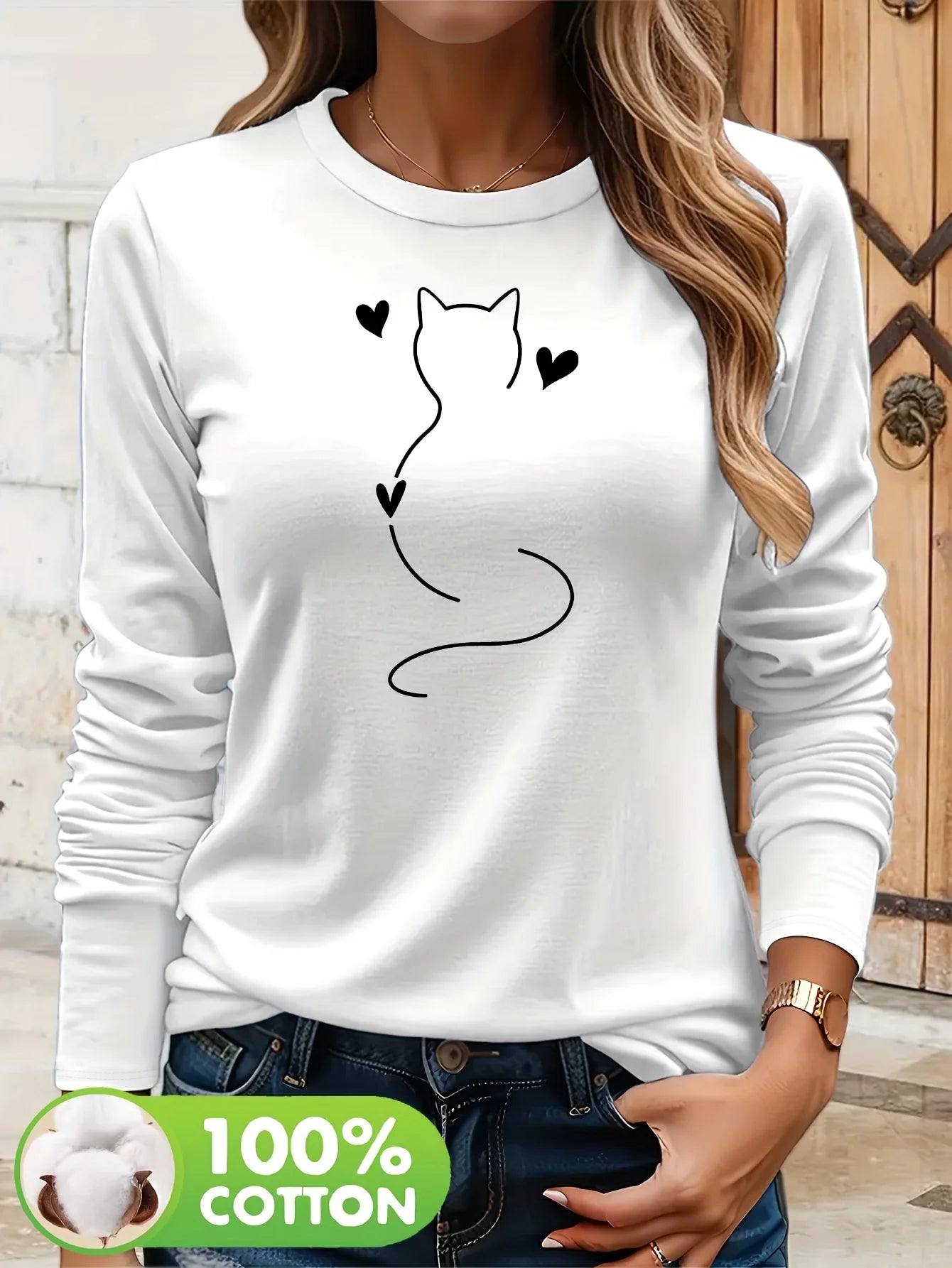 Women’s Cat & Hearts Long Sleeve T-Shirt 🐱 Casual Cotton Top All-Season ✨