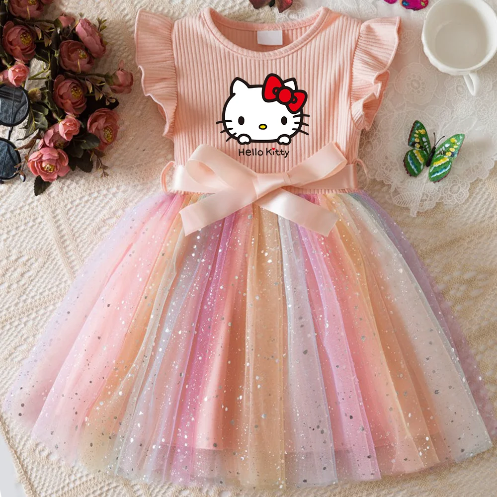 ✨ Hello Kitty Girls Sequins Dress 🎀 Rainbow Tulle Princess Dress 🌈 Toddler Birthday Party Outfit 👧 Ages 1–5 Years